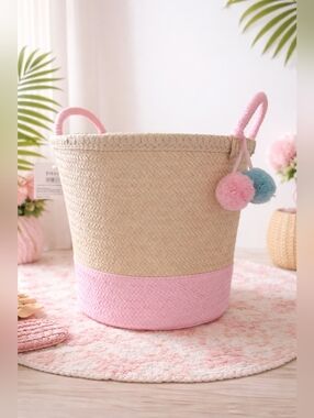 NWT Woven Straw Basket Pink & Blue Pom Poms NurseryKids| Room | Storage | Decor